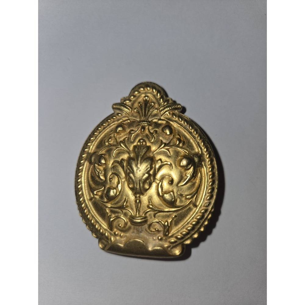 Vintage Gold Tone Victorian Style Relief Crest Brooch Ornate Pin Scrollwork
